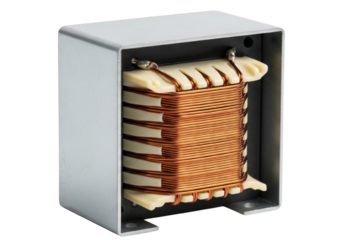 Electrical power transformer with copper coil and metal frame on isolated background