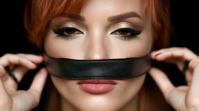 Woman with red hair holding a black leather mask in front of her face in a studio setting with dramatic lighting
