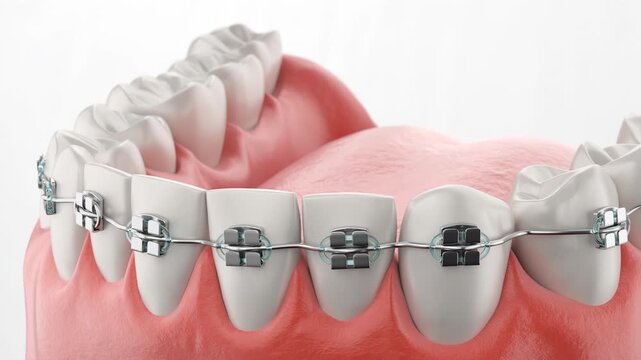 white tooth with dental braces, Orthodontic appliances that are fixed on the teeth, braces or brackets 3d animation