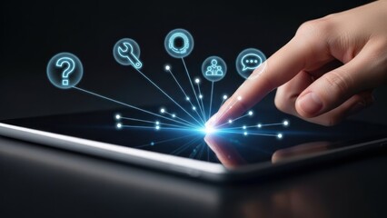 Finger touching tablet activating glowing digital support icons.