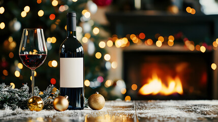 A bottle of wine with a neutral white label and a glass stand in the foreground against a decorated Christmas tree and fireplace in an elegant winter interior