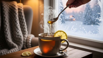 Warm tea with honey and lemon near window