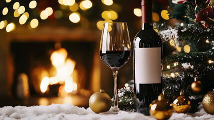 A bottle of wine with a white label and a filled glass stand in the foreground against a decorated Christmas tree and fireplace, emphasizing the cozy atmosphere of winter