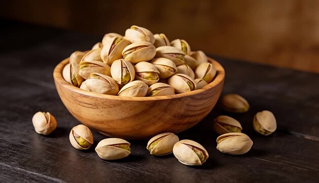A wooden bowl filled with roasted pistachios on a dark table, healthy snacking and nutritious food concept.