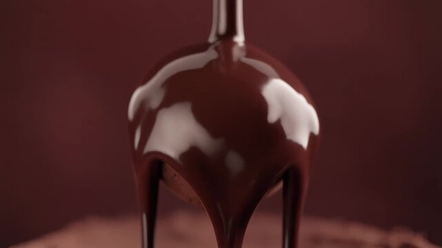 A sensory and mouth-watering close-up of thick, velvety dark chocolate sauce gracefully dripping, evoking rich indulgence and deliciousness