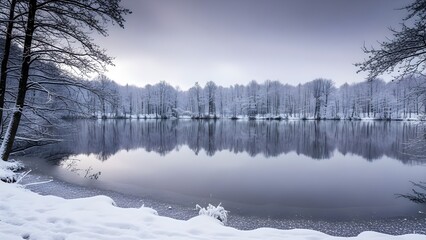 Winter landscape lake reflection