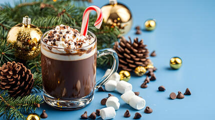 A cup of coffee with cream, a candy cane, and chocolate sprinkles sits on a blue surface among fir branches, baubles, and marshmallows, evoking a wintery mood