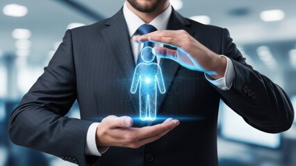 Businessman holds glowing digital human figure above hands indoors.