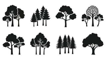 Collection of diverse tree silhouettes in a black and white graphic style © SHM707k