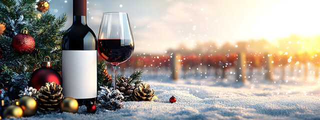 A bottle of wine with a simple white label and a glass of wine are placed among fir branches and baubles against a blurred backdrop of snow-covered vineyards in soft daylight