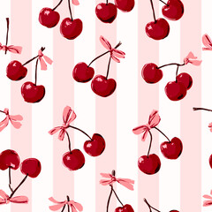 Bright and cheerful cherry pattern featuring red cherries with pink bows on striped pink background, perfect for adding playful touch to textiles or wallpapers