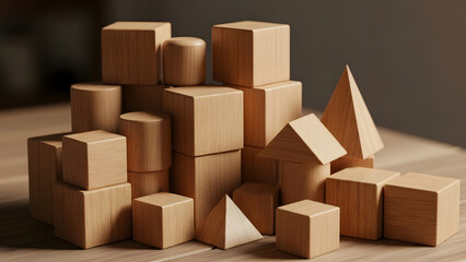 Obraz premium Various 3D shapes made of wood on a table