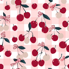 Bright and playful cherry pattern featuring red cherries with green leaves and bows on pink and white checkered background, evoking cheerful and fresh atmosphere