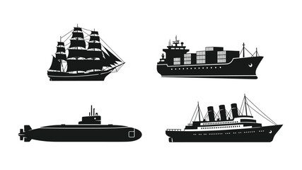 A collection of vector silhouettes depicting various types of seafaring vessels © SHM707k