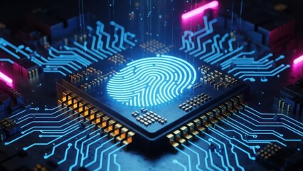 Glowing fingerprint on electronic circuit board with neon lighting.