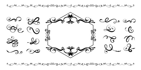 Obraz premium Elegant and Vintage Decorative Swirls Collection. Wedding ornament filigree. Calligraphy Victorian dividers with flourishes. Black floral curved lines perfect for love cards, wedding invitations