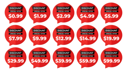Discount special offer price tags in red speech bubbles transparent background