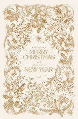 Vector illustation. Winter holidays. Botanical vintage vertical frame. Greeting card. Gold and white