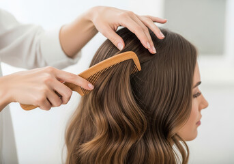 Fototapeta premium Hairdresser combs long brown wavy hair of a young woman in a salon