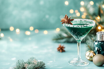 Festive cocktail scene featuring a crystal glass filled with emerald green drink, surrounded by decorative elements and soft bokeh lights, creating a celebratory and elegant atmosphere. Ideal for comm
