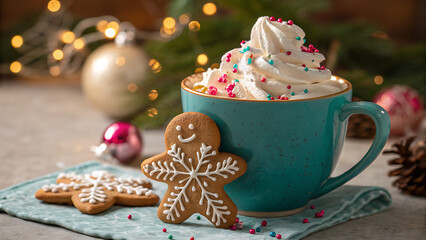 A delightful christmas hot cocoa with whipped cream and cheerful gingerbread cookies