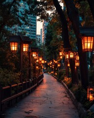 Fototapeta premium Tree-lined park pathway illuminated by hanging lanterns at dusk, creating a serene urban evening scene.