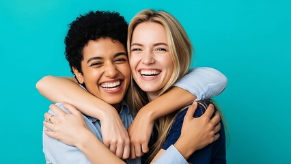 Fototapeta premium Joyful Friendship Embrace: Two diverse young women share a heartfelt hug, their faces radiating genuine happiness and camaraderie against a vibrant teal studio backdrop.