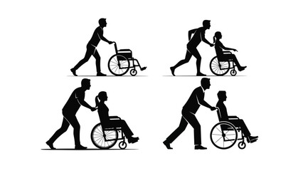 Collection of diverse silhouette icons depicting caregivers assisting individuals using wheelchairs in various dynamic poses and scenarios