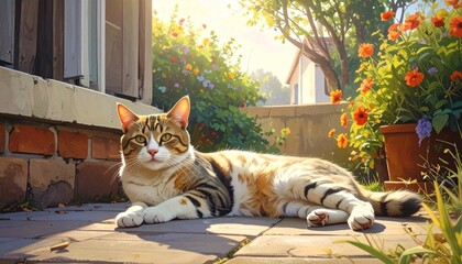 A serene tabby cat basking in the warm sunlight of a beautiful garden setting.