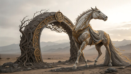 Mystical white horse with golden adornments standing before an ancient root archway in a desert