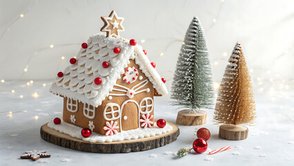 A charming homemade gingerbread house adorned with festive decorations and miniature trees