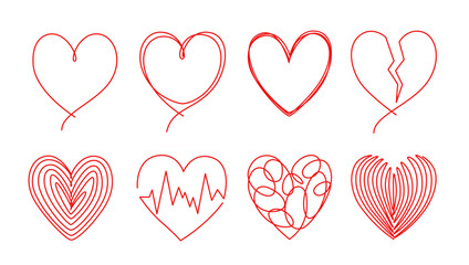 A set of hearts on a white background. Line art. Vector.
