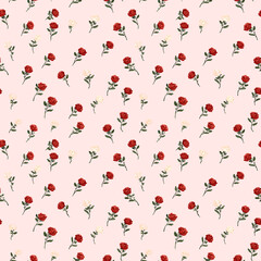 Beautiful floral pattern featuring red roses and small white flowers on soft pink background, creating charming and romantic atmosphere. Perfect for textiles and wallpapers