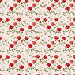 Floral pattern featuring red and white roses on soft pink background, creating romantic and elegant design. This seamless pattern is perfect for textiles, wallpapers, and home decor