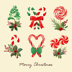 A set of colorful Christmas sweets. Elements for flyers, postcards, design, and social media.

