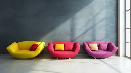 Colorful Modern Armchairs Arranged in Contemporary Interior Space.