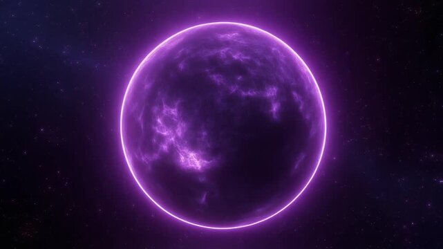 "Glowing purple celestial sphere with swirling surface patterns in dark space with faint stars."