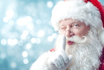 Close-up of Santa Claus with a hand gesture pressed to his lips, the 'shh, don't tell anyone' gesture, with squinting eyes, wearing glasses, with space for text.