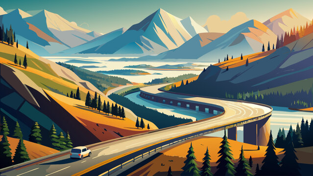 Very beautiful scenic view of State Route 20 near Martha Creek, winding road through mountains, dramatic perspective, natural surroundings, and detailed vector illustration capturing travel adventure.