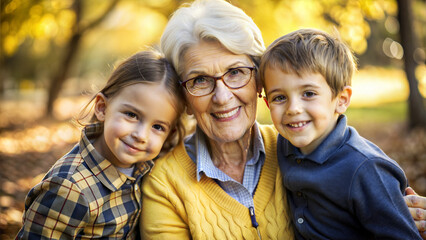 Grandmother with two smiling grandchildren in a park during autumn with golden leaves