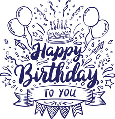 Vector art of happy birthday to you celebration with cake and balloons isolated on