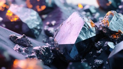 Abstract metallic crystal formation, glowing with light, amidst dark rock formations