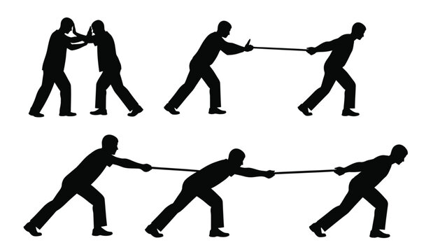 Set of black silhouette icons depicting men pushing against each other and engaging in a competitive tug of war activity