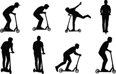 Obraz premium Silhouettes of people riding scooters, urban mobility illustration, scooter tricks, standing and pushing poses, modern transportation concept for graphic design