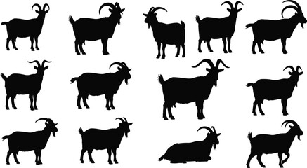 Silhouettes of goats, farm goats, horned goats, standing and walking goats, livestock animal illustrations for agriculture, farming graphics, and rural nature themes