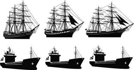 Silhouettes of sailing ships and cargo vessels, nautical transportation illustration set, maritime fleet collection, vintage sailboats and modern ships for design projects © Heyyy