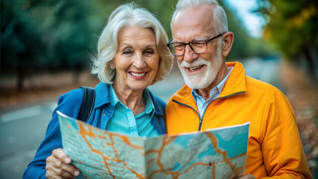 Happy senior couple exploring a map outdoors in autumn with smiles on their faces - Powered by Adobe