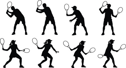 Silhouettes of tennis players, male and female athletes, playing tennis, holding rackets, sports action poses, competition training illustrations for fitness themes