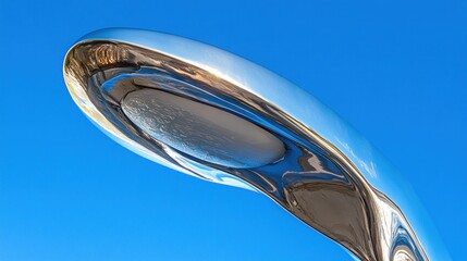 Abstract, modern, chrome, architectural,  outdoor light fixture against a clear blue sky
