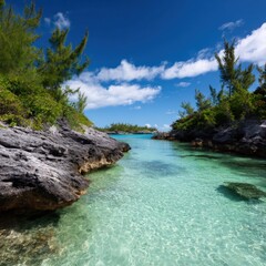 Obraz premium Crystal clear waters and rocky shores under bright blue sky in tropical paradise